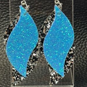 Glittering Blue and Black Faux Leather Earrings